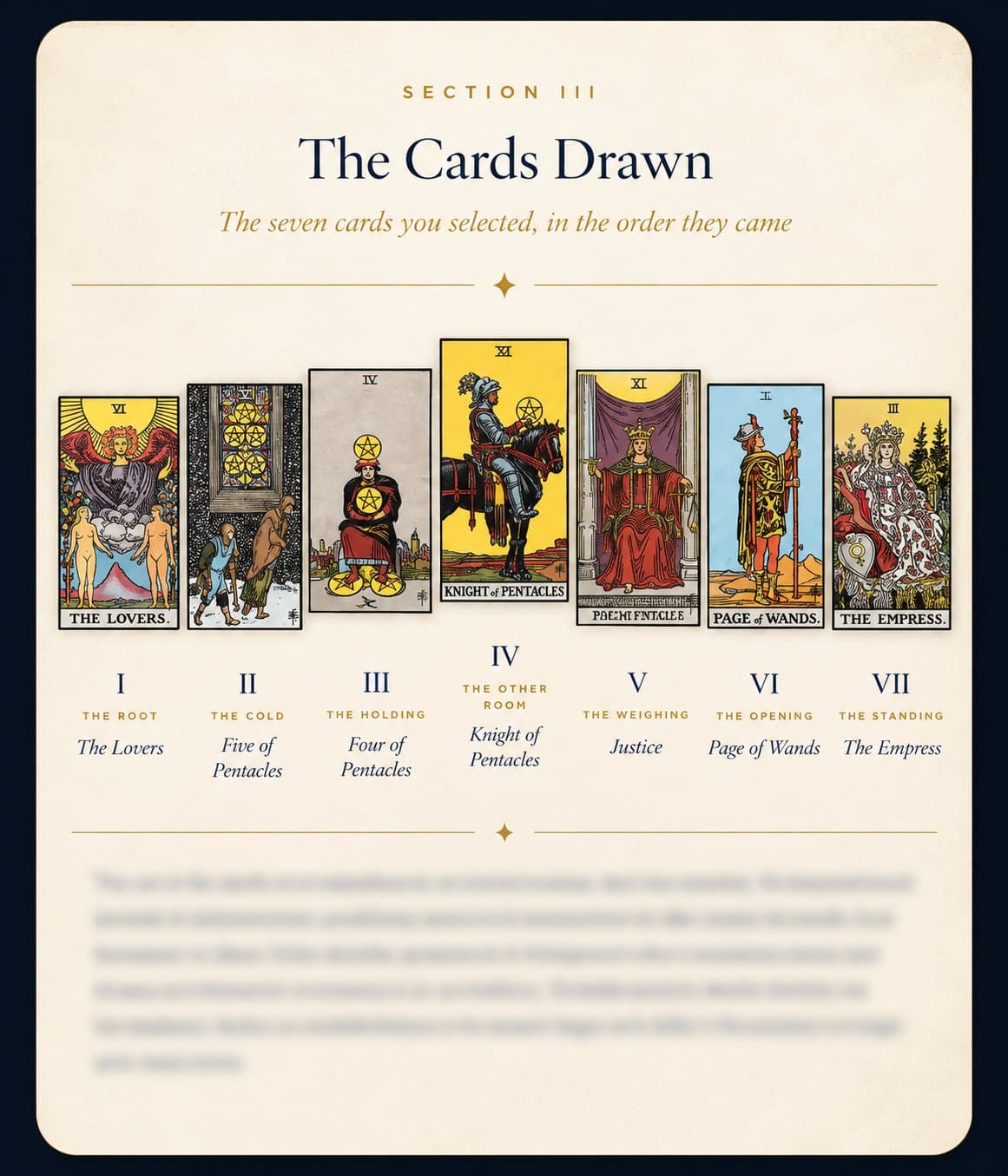 Sample reading page — III · The Cards Drawn