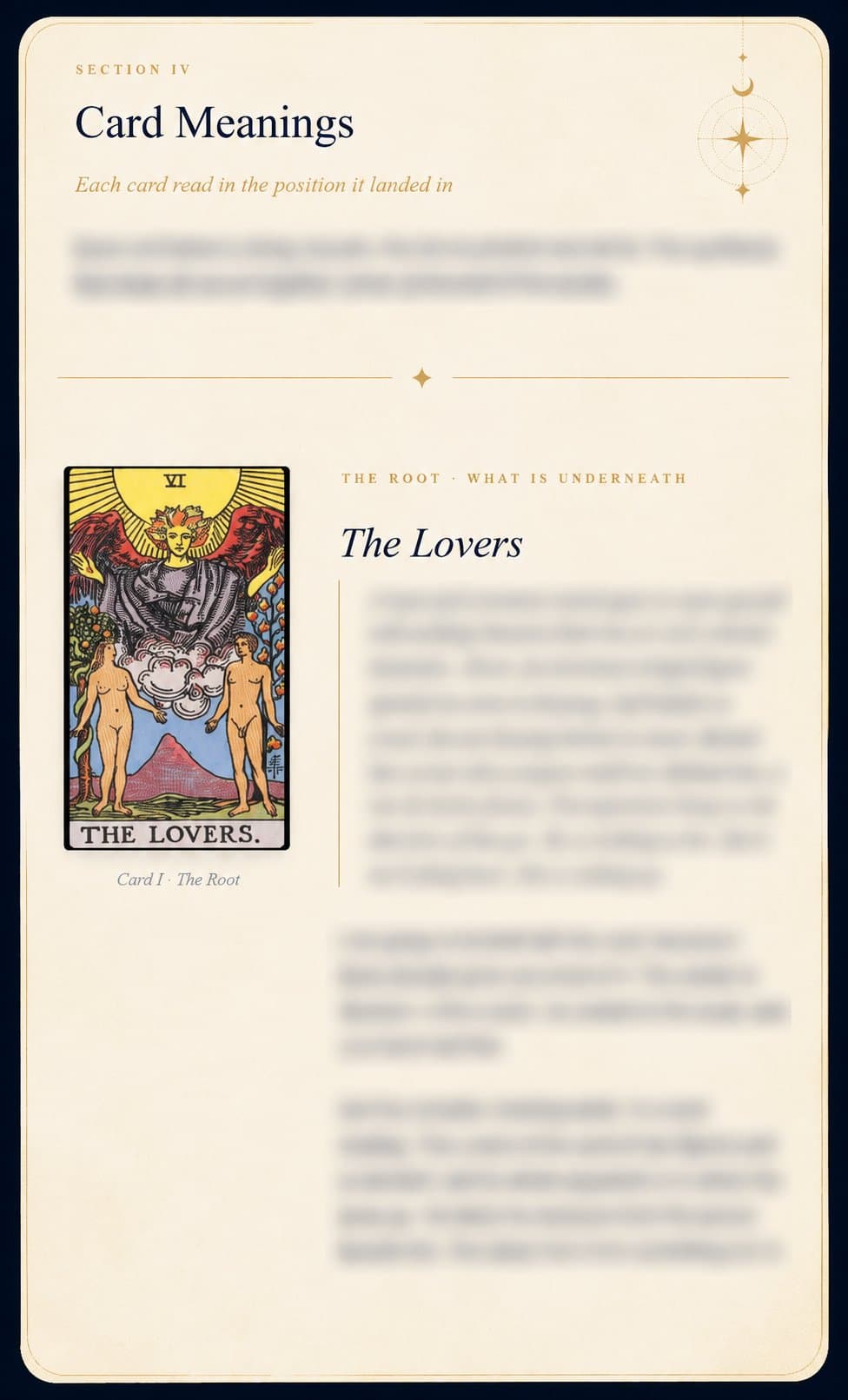 Sample reading page — IV · Card Meanings